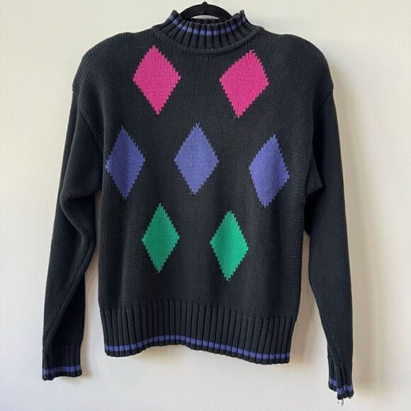 Li2sport Women's Cable Knit Multicolor Argyle Pattern Blue Black Rib Sweater L - Picture 1 of 7